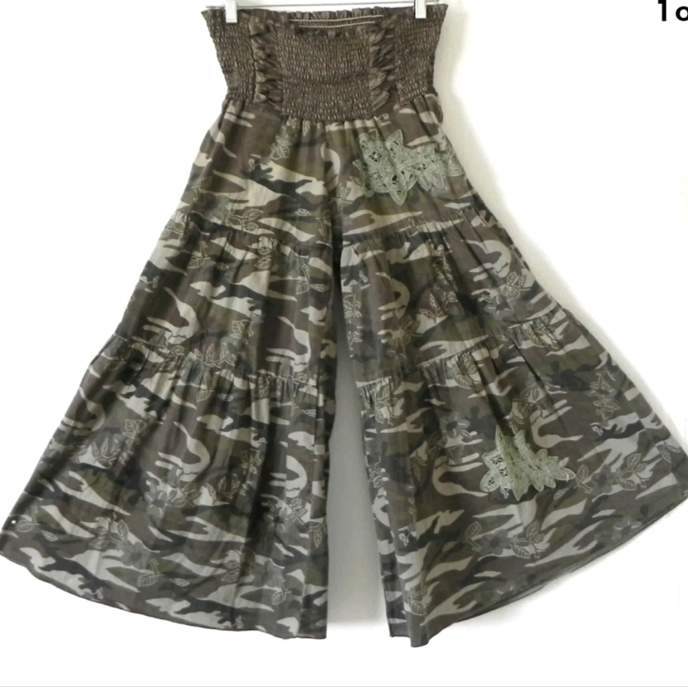 Wide-leg camouflage pants with beaded sequins, elastic satin waist.